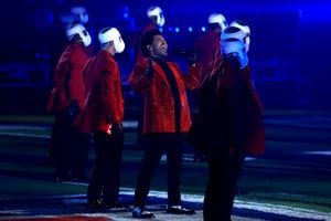 TAMPA, FLORIDA - FEBRUARY 07: The Weeknd performs during the Pepsi Super Bowl LV Halftime Show at Raymond James Stadium on February 07, 2021 in Tampa, Florida. (Photo by Mike Ehrmann/Getty Images)