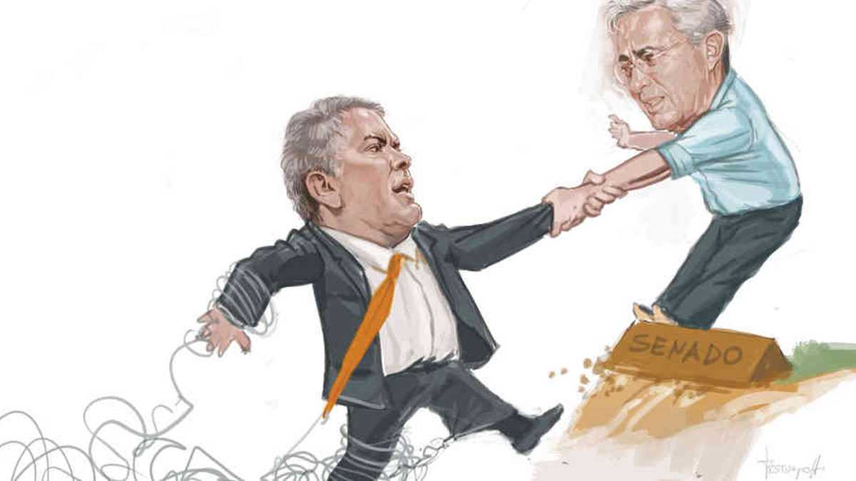 El expresidente Uribe apoya a su sucesor para detener el desgaste prematuro de su gobierno. Ilustración Jorge Restrepo
