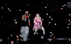 MEDELLIN, COLOMBIA - APRIL 30: US singer Madonna and Colombian singer Maluma perform together, during the 'Medallo en el Mapa' concert at Estadio Atanasio Girardot on April 30, 2022 in Medellin, Colombia. (Photo by Fredy Builes/Getty Images)