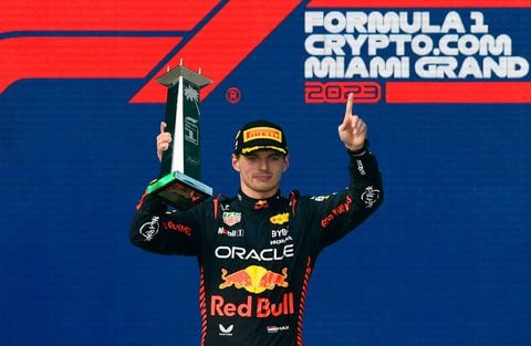 MIAMI, FLORIDA - MAY 07: Race winner Max Verstappen of the Netherlands and Oracle Red Bull Racing celebrates on the podium during the F1 Grand Prix of Miami at Miami International Autodrome on May 07, 2023 in Miami, Florida. (Photo by Rudy Carezzevoli/Getty Images)