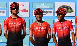 BOLOGNA-SAN LUCA, ITALY - OCTOBER 02: (L-R) Winner Anrew Anacona of Colombia, Dayer Uberney Quintana Rojas of Colombia and Nairo Alexander Quintana Rojas of Colombia and Team Arkéa - Samsic during the team presentation prior to the 104th Giro Dell'Emilia 2021 a 195,3km race from Casalecchio di Reno to San Luca 267m / @gsemilia / on October 02, 2021 in San Luca, Italy. (Photo by Dario Belingheri/Getty Images)