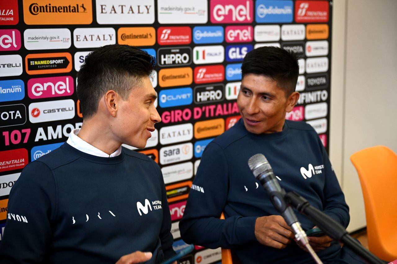 TURIN, ITALY - MAY 02: (L-R) Einer Rubio of Colombia and Nairo Quintana of Colombia and Movistar Team during the Movistar Team press conference prior to the 107th Giro d'Italia 2024 / #UCIWT / on May 02, 2024 in Turin, Italy.  (Photo by Dario Belingheri/Getty Images)
