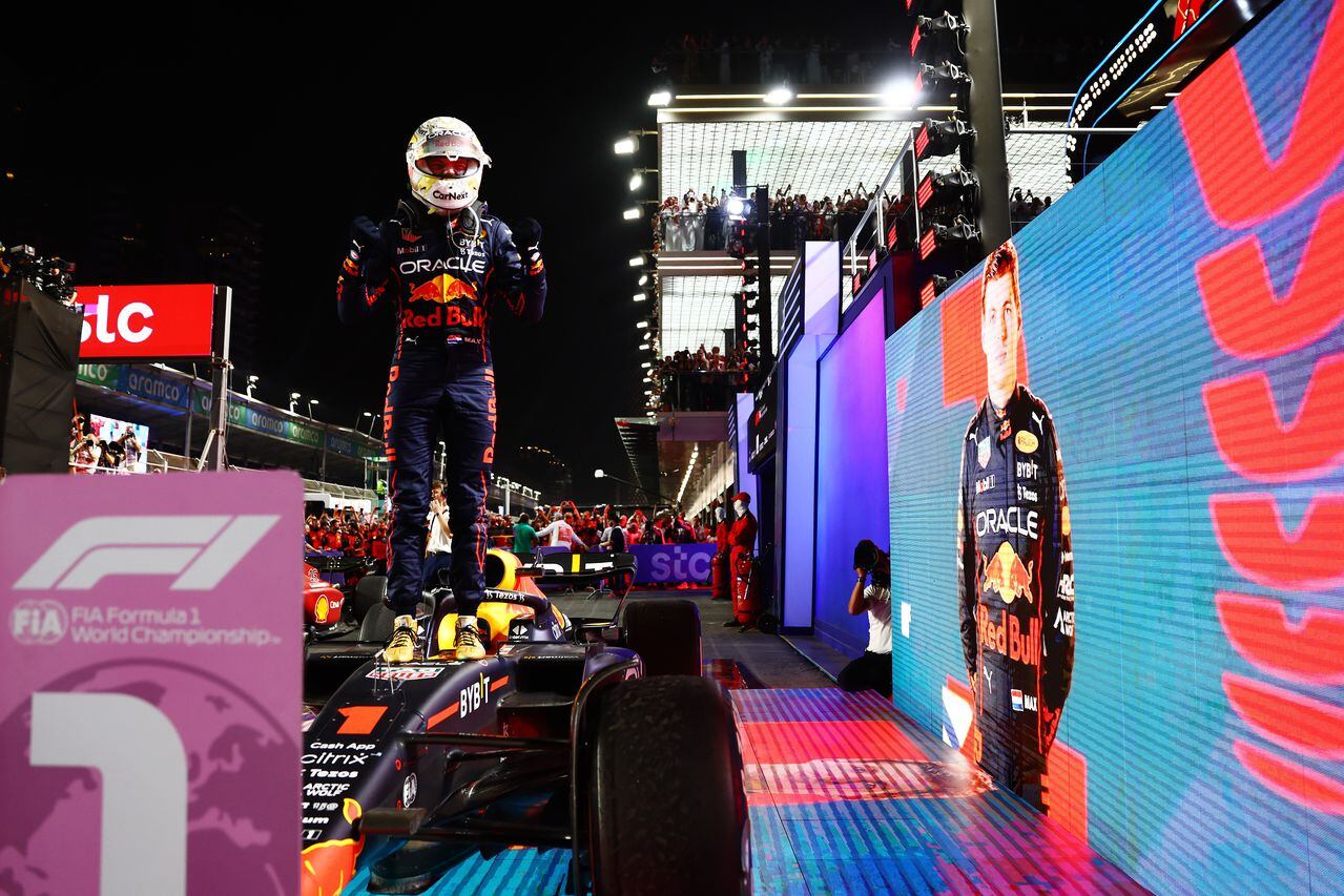 JEDDAH, SAUDI ARABIA - MARCH 27: Race winner Max Verstappen of the Netherlands and Oracle Red Bull Racing celebrates in parc ferme during the F1 Grand Prix of Saudi Arabia at the Jeddah Corniche Circuit on March 27, 2022 in Jeddah, Saudi Arabia. (Photo by Mark Thompson/Getty Images)