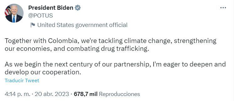 "Colombia es la piedra angular de nuestros esfuerzos compartidos para construir un hemisferio más próspero, igualitario y democrático", dijo en otro tuit.