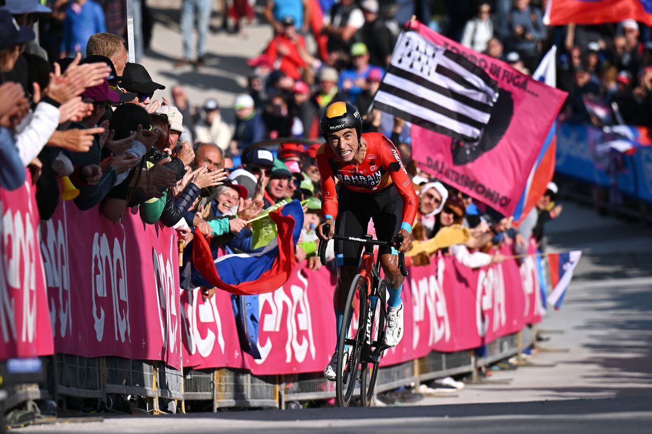 MONTE LUSSARI, ITALY - MAY 27: Santiago Buitrago of Colombia and Team Bahrain - Victorious crosses the finish line during the 106th Giro d'Italia 2023, Stage 20 a 18.6km individual climbing time trial stage from Tarvisio 750m to Monte Lussari 1744m / #UCIWT / on May 27, 2023 in Monte Lussari, Italy. (Photo by Stuart Franklin/Getty Images,)