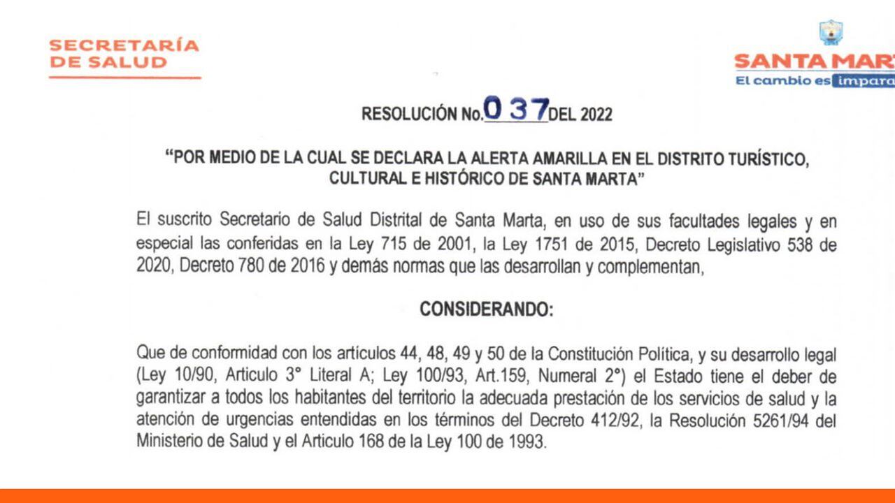 Imagen del decreto emitido por la alcaldía de Santa Marta para declarar la alerta