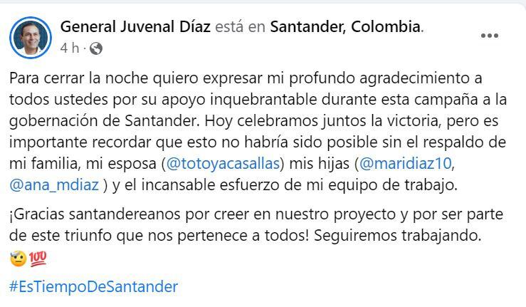 Mensaje de Juvenal Díaz en Facebook.