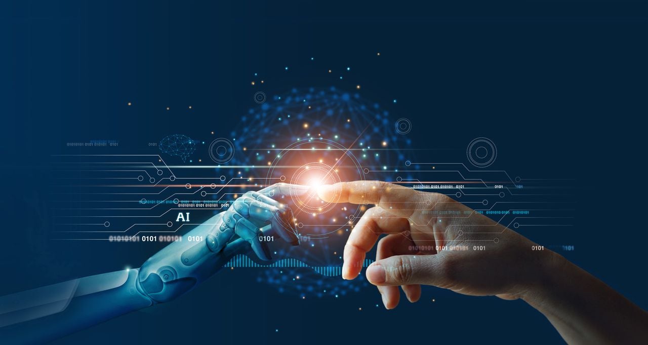 AI, aprendizaje automático, manos de robot y contacto humano en el fondo de conexión de red de big data, tecnología de ciencia e inteligencia artificial, innovación y futurista.