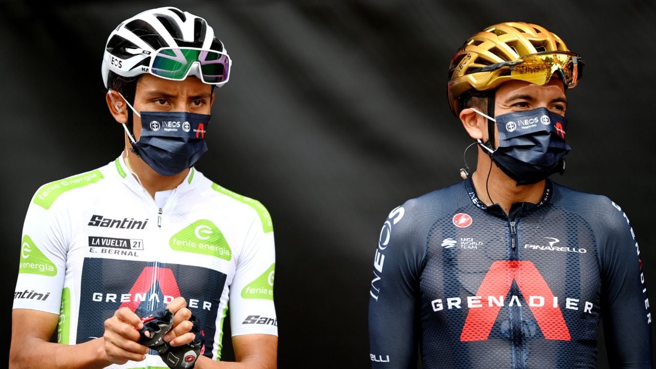 VELEFIQUE, SPAIN - AUGUST 22: Egan Arley Bernal Gomez of Colombia white best young jersey and Richard Carapaz of Ecuador and Team INEOS Grenadiers during the team presentation prior to the 76th Tour of Spain 2021, Stage 9 a 188 km stage from Puerto Lumbreras to Alto de Velefique 1800m / @lavuelta / #LaVuelta21 / on August 22, 2021 in Velefique, Spain. (Photo by Getty Images/Stuart Franklin)