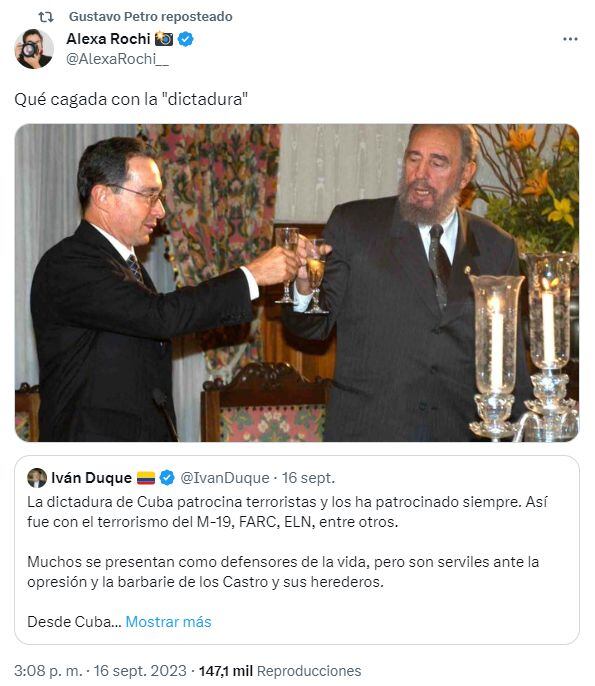 Trino retuiteado por el presidente Gustavo Petro con una foto del expresidente Álvaro Uribe Vélez y Fidel Castro juntos