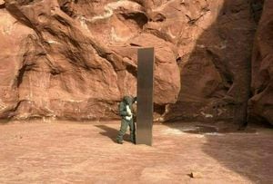 (FILES) This file video grab image obtained November 24, 2020 courtesy of the Utah Department of Public Safety Aero Bureau shows a mysterious metal monolith that was discovered in Utah after public safety officers spotted the object while conducting a routine wildlife mission. - A mysterious metal monolith found in the remote desert of the western United States, sparking a national guessing game over how it got there, has apparently disappeared, officials said. The Bureau of Land Management in Utah said November 28, 2020 it had received "credible reports" that the object had been removed "by an unknown party" on Friday evening. (Photo by Handout / Utah Department of Public Safety / AFP) / RESTRICTED TO EDITORIAL USE - MANDATORY CREDIT "AFP PHOTO /Utah Department of Public Safety /HANDOUT " - NO MARKETING - NO ADVERTISING CAMPAIGNS - DISTRIBUTED AS A SERVICE TO CLIENTS