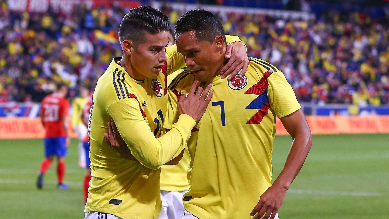 HARRISON, NJ - OCTOBER 16:   Colombia forward Carlos Bacca (7) celebrates with Colombia midfielder James Rodriguez (10) after scoring  during the first half of the International Friendly Soccer Game between Colombia and Costa Rica on October 16, 2018 at Red Bull Arena in Harrison, NJ.  (Photo by Rich Graessle/Icon Sportswire via Getty Images)