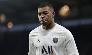 PSG's Kylian Mbappe trains prior to the League One soccer match between Angers and Paris Saint Germain, at the Raymond-Kopa stadium in Angers, western France, Wednesday, April 20, 2022. (AP Photo/Jeremias Gonzalez)