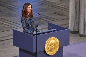 OSLO, NORWAY - DECEMBER 10:  Co-laureate of the 2018 Nobel Peace Prize Nadia Murad gives her lecture after accepting her award during the Nobel Peace Prize ceremony 2018 at Oslo City Town Hall on December 10, 2018 in Oslo, Norway. The Congolese gynaecologist, Denis Mukwege, who has treated thousands of rape victims, and Nadia Murad, the Iraqi Yazidi, who was sold into sex slavery by Isis, have been jointly awarded the 2018 Nobel peace prize in recognition for their efforts to end the use of sexual violence as a weapon in war.  (Photo by Erik Valestrand/WireImage)