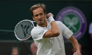 Daniil Medvedev of Russia competes during the men's singles fourth round match between Hubert Hurkacz of Poland and Daniil Medvedev of Russia at Wimbledon tennis Championship in London, Britain, on July 6, 2021. (Photo by Tim Ireland/Xinhua via Getty Images)