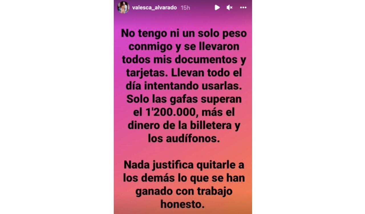 Las historias del perfil de Instagram de Valesca Alvarado denunciaron el robo