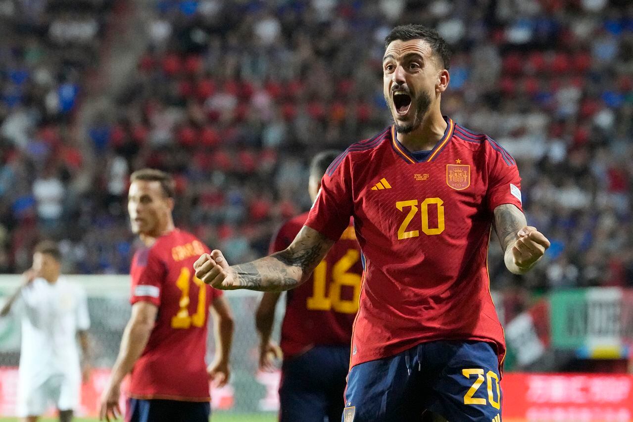 Spain's Joselu celebrates after scoring his side's second goal during the Nations League semifinal soccer match between the Spain and Italy at De Grolsch Veste stadium in Enschede, eastern Netherlands, Thursday, June 15, 2023. (AP Photo/Martin Meissner)