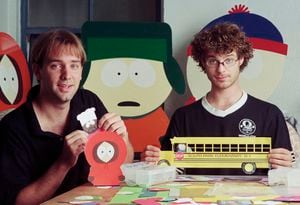 LOS ANGELES, CALIFORNIA - AUGUST 19: South Park creators Matt Stone (Left) and Trey Parker, at their studio office, August 19, 1997  in Los Angeles, California. (Photo by Getty Images/Bob Riha, Jr.)