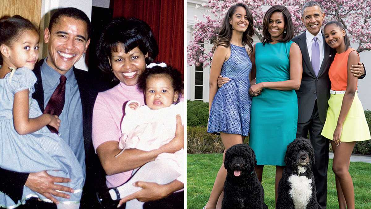 Barack y Michelle con sus hijas Malia y Sasha en dos momentos muy distintos: antes de la presidencia, como una familia de clase media en Chicago, y ahora, cuando se mueven en las grandes ligas.  
