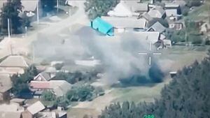 FILE PHOTO: A still image from a drone footage released by Freedom of Russia Legion shows, what they claim, is a destruction of Russian military targets, near Novaya Tavolzhanka, Belgorod Region, Russia, in this image obtained from social media released on June 1, 2023. Freedom Of Russia Legion/via REUTERS  THIS IMAGE HAS BEEN SUPPLIED BY A THIRD PARTY. MANDATORY CREDIT. NO RESALES. NO ARCHIVES./File Photo