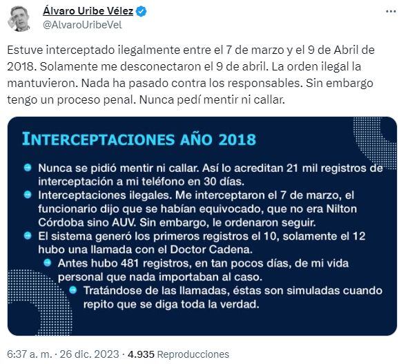 Publicación de Álvaro Uribe en X.