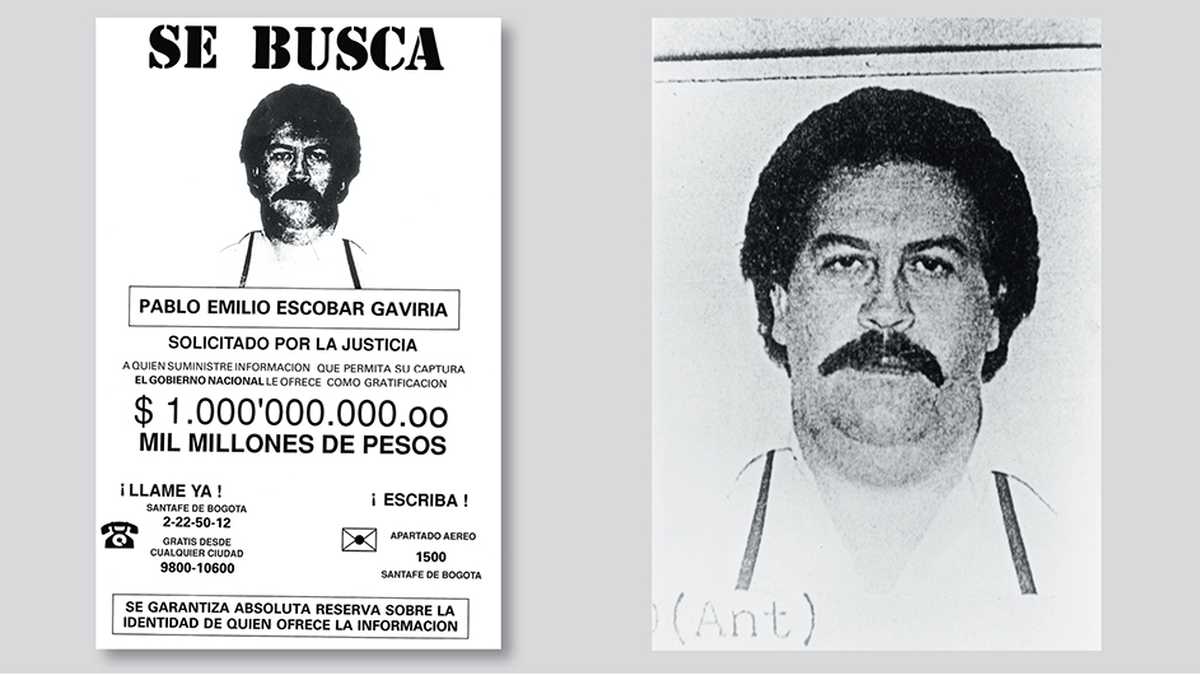 Cartel de búsqueda de Pablo Escobar donde se ofrecía recompensa a cambio de información sobre su paradero.