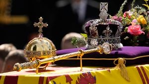 The coffin of Queen Elizabeth II leaves after the funeral service at Westminster Abbey in central London, Monday, Sept. 19, 2022. The Queen, who died aged 96 on Sept. 8, will be buried at Windsor alongside her late husband, Prince Philip, who died last year. (AP Photo/Bernat Armangue, Pool)
