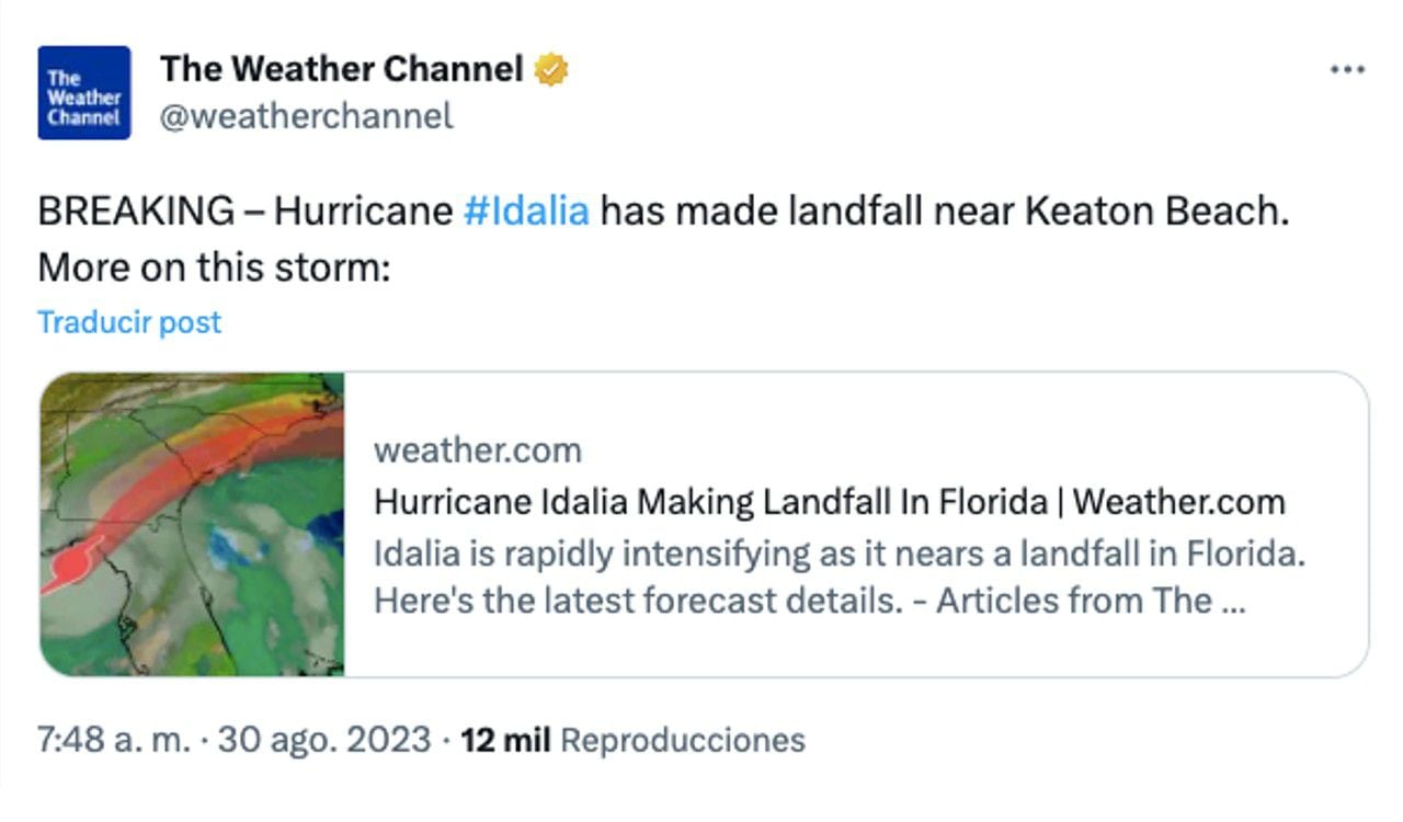 El Weather Channel anunció la llegada del huracán Idalia a Keaton Beach