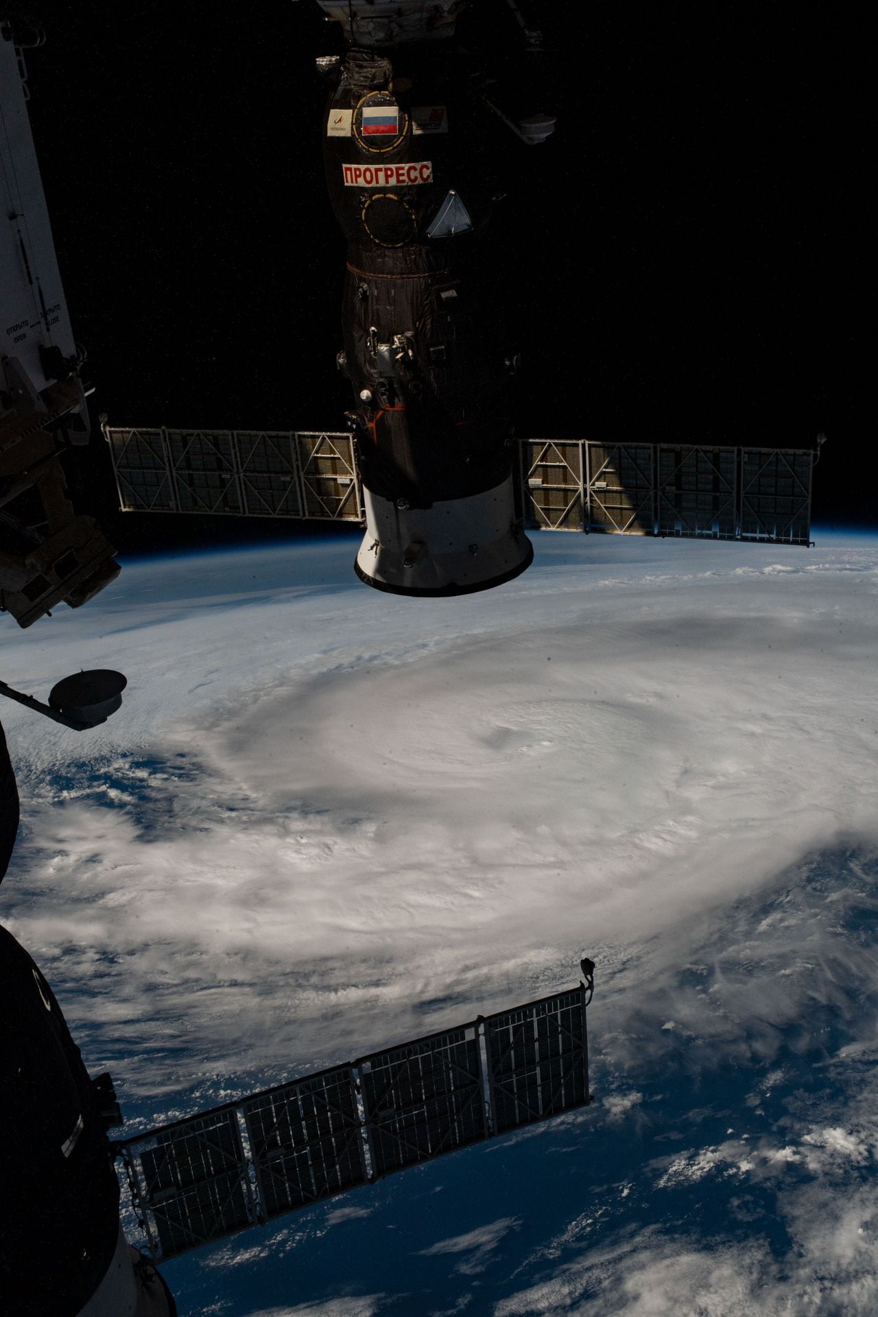 (Oct. 28, 2020) --- Hurricane Zeta was pictured from the International Space Station as the category two storm churned in the Gulf of Mexico nearing Louisiana. In the upper foreground, is Russia's Progress 76 resupply ship docked to the Pirs docking compartment.