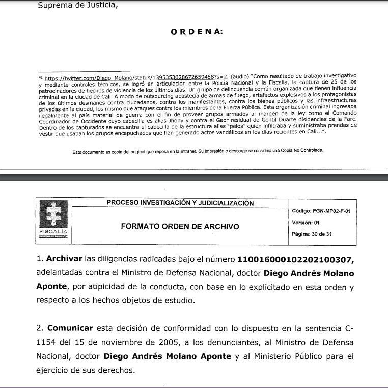 La Fiscalía ordenó el archivo de la investigación contra el exministro de Defensa, Diego Molano.