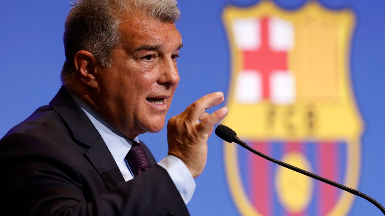 Soccer Football - FC Barcelona Press Conference - Camp Nou, Barcelona, Spain - April 17, 2023 FC Barcelona president Joan Laporta during the press conference REUTERS/Albert Gea