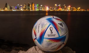 DOHA, QATAR - MARCH 31: In this photo illustration an official FIFA World Cup Qatar 2022 ball sits on display in front of the skyline of Doha ahead of the FIFA World Cup Qatar 2022 draw on March 31, 2022 in Doha, Qatar. (Photo by David Ramos/Getty Images)