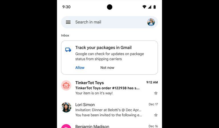 Aviso de Gmail para habilitar el rastreo de envío de productos comprados por internet.