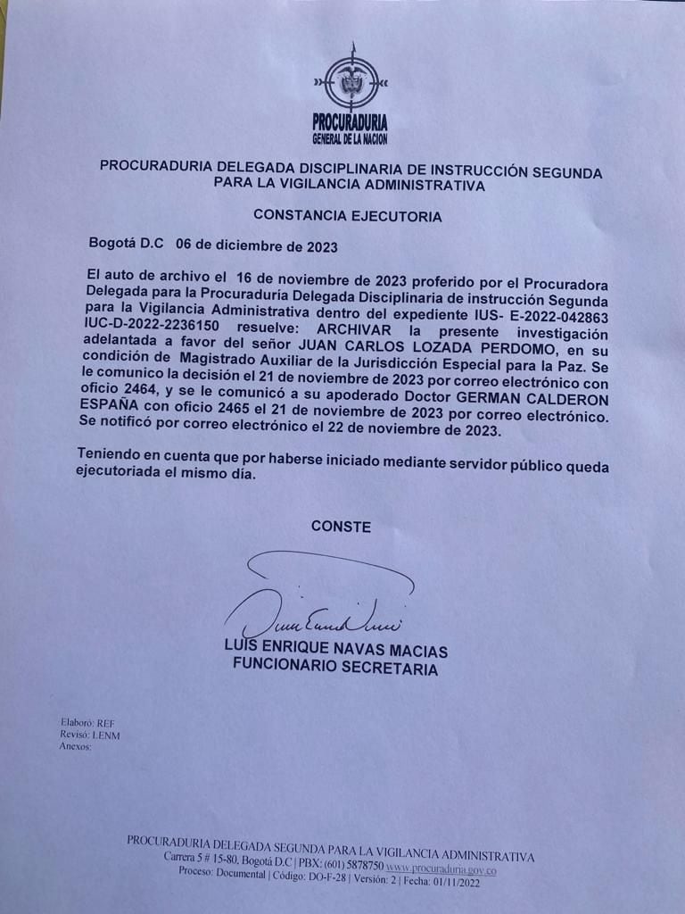 Este es el documento de archivo de una investigación disciplinaria contra Juan Carlos Losada, amigo Jorge Leyva.