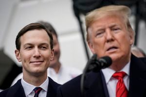WASHINGTON, DC - JANUARY 29: (L-R) Senior Advisor Jared Kushner looks on as U.S. President Donald Trump speaks before signing the United States-Mexico-Canada Trade Agreement (USMCA) during a ceremony on the South Lawn of the White House on January 29, 2020 in Washington, DC. The new U.S.-Mexico-Canada Agreement (USMCA) will replace the 25-year-old North American Free Trade Agreement (NAFTA) with provisions aimed at strengthening the U.S. auto manufacturing industry, improving labor standards enforcement and increasing market access for American dairy farmers.  The USMCA signing is considered one of President Trump's biggest legislative achievements since Democrats took control of the House in 2018. (Photo by Drew Angerer/Getty Images)