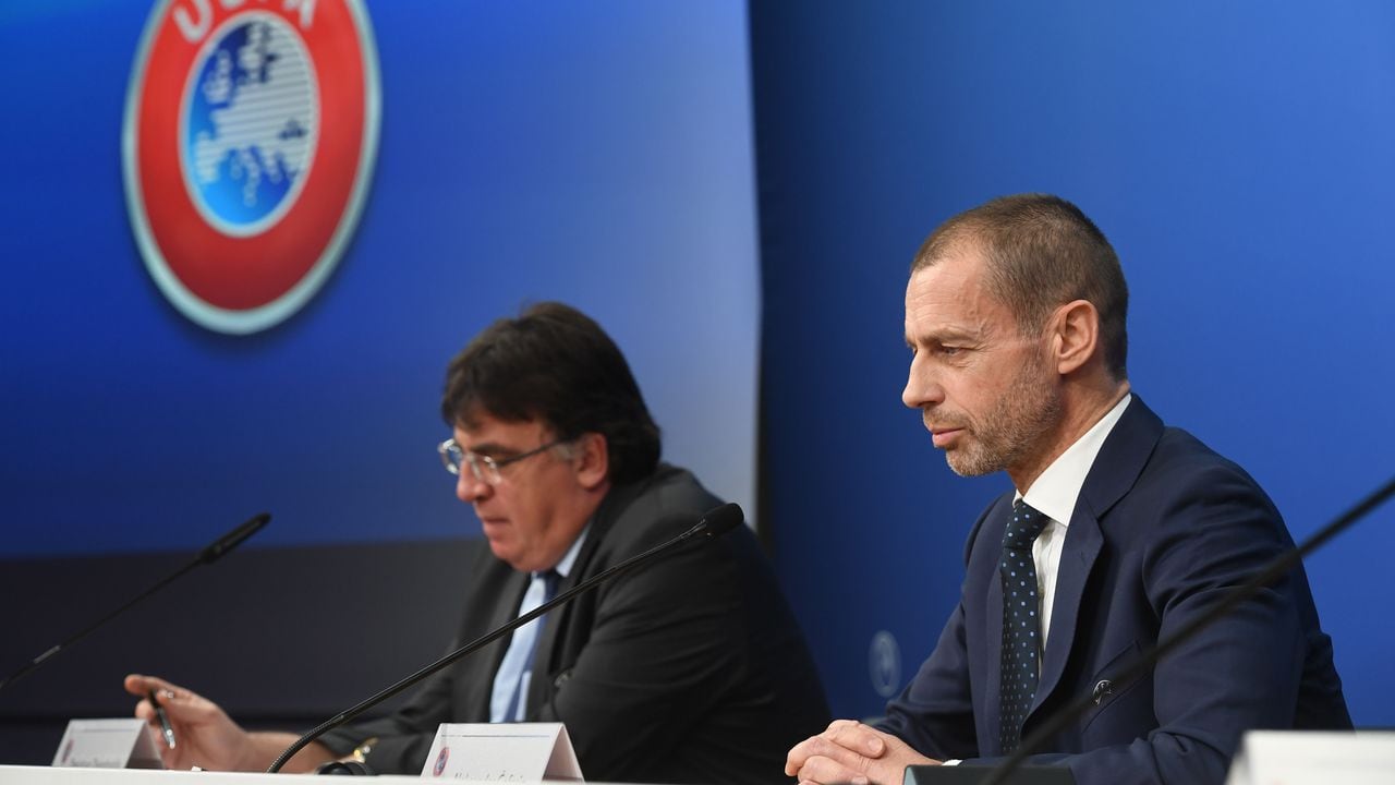 NYON, SWITZERLAND - DECEMBER 16: UEFA President Aleksander Ceferin and UEFA General Secretary Theodore Theodoridis during the press conference after the UEFA Executive Committee at the UEFA headquarters, The House of European Football, on December 16, 2021, in Nyon, Switzerland. (Photo by Richard Juilliart - UEFA/UEFA via Getty Images)