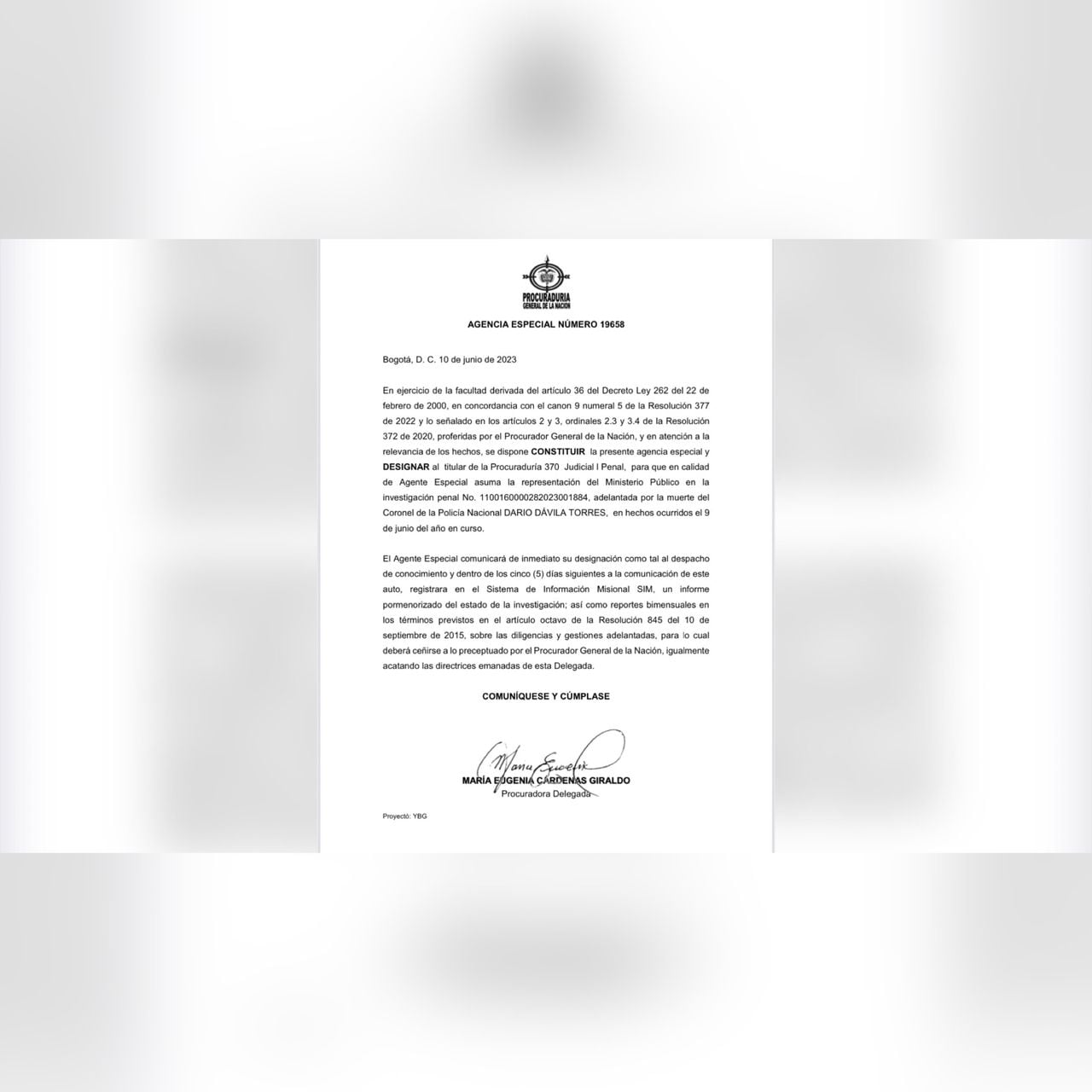 Documento de la Procuraduría General dela Nación con el que se designó un agente especial para que acompañe las investigaciones que se adelantan por la muerte del coronel de la Policía, Óscar Dávila.
