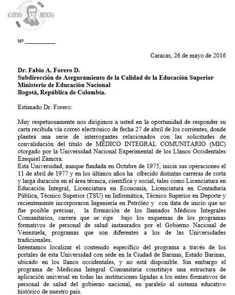 Esta es la carta que le envió la Academia Nacional de Medicina de Venezuela al Ministerio de Educación colombiano en 2016.