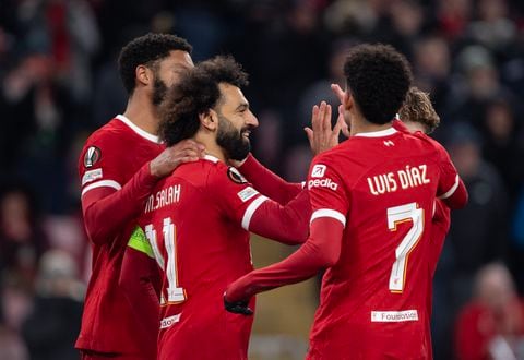 LIVERPOOL, ENGLAND - NOVEMBER 30: Mohamed Salah of Liverpool celebrates scoring his team's fourth goal with team mates Luis Diaz (obscured), Joe Gomez (obscured) and Harvey Elliott (obscured) during the UEFA Europa League Group E between Liverpool FC v LASK at Anfield on November 30, 2023 in Liverpool, England. (Photo by Joe Prior/Visionhaus via Getty Images)