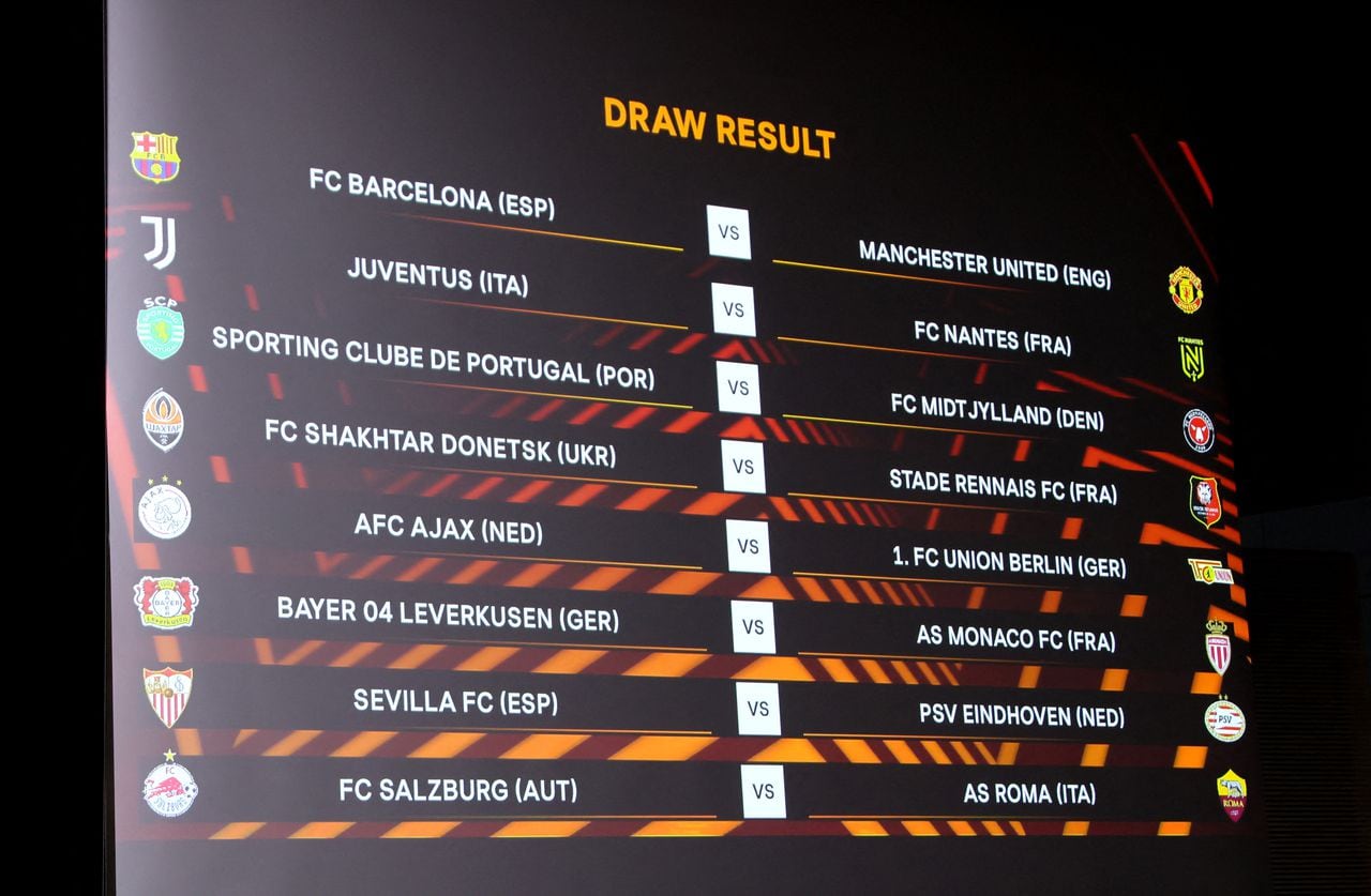 Soccer Football - Europa League - Knockout Round Play-Off Draw - Nyon, Switzerland - November 7, 2022 General view of the results of the draw on the big screen REUTERS/Denis Balibouse