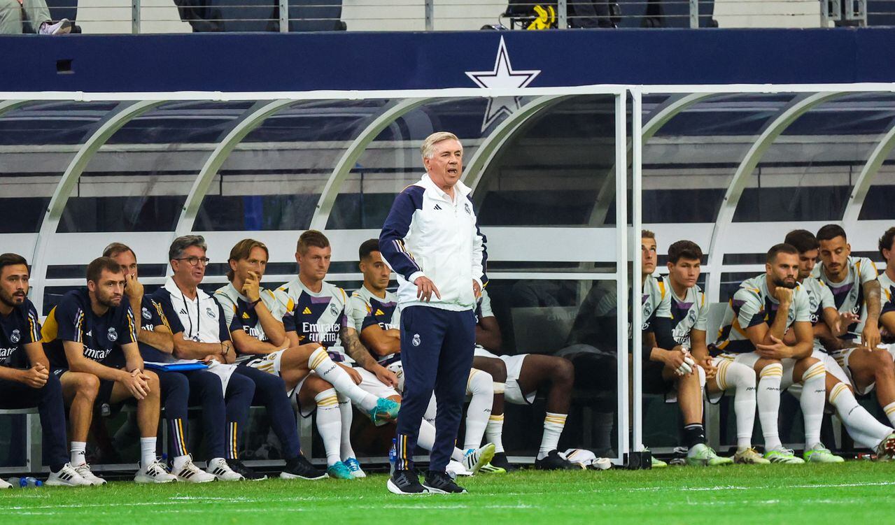 Jul 29, 2023; Arlington, Texas, USA;  Real Madrid head coach Carlo Ancelotti during the match against FC Barcelona at AT&T Stadium. Mandatory Credit: Kevin Jairaj-USA TODAY Sports