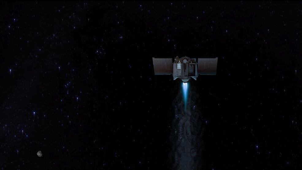 Ilustración muestra la nave espacial OSIRIS-REx partiendo del asteroide Bennu para retornar a la Tierra.