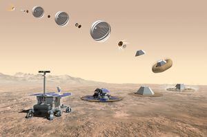 Representación artística del rover robótico Rosalind Franklin, anteriormente conocido como rover ExoMars, aterrizando en Marte, creado el 10 de diciembre de 2015 (Ilustración de Adrian Mann / Future Publishing a través de Getty Images).