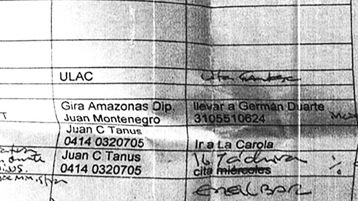  En el documento Gestiones de negocios Venezuela aparecen anotaciones escritas por Córdoba. En uno de ellos escribe “busco cita Chávez” y también habla de pedir encuentros con Cilia, quien sería la esposa de Nicolás Maduro.