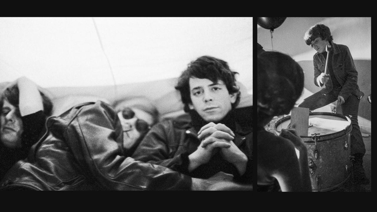 Fotografías de archivo de Paul Morrissey, Andy Warhol, Lou Reed y Moe Tucker aparecen en una pantalla dividida de "The Velvet Underground", que se estrena a nivel mundial en 2021 en Apple TV+.