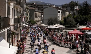 Athletes pedal through the streets of Isernia, southern Italy, during the 187-kilometer 9th stage of the Giro D'Italia cycling race from Isernia to Mt. Blockhaus Sunday, May 15, 2022. (Marco Alpozzi/LaPresse via AP)