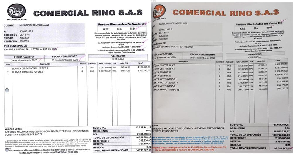 Estas son las cuentas de cobro remitidas por Rino S.A.S a la alcaldía de Arbeláez, Cundinamarca.