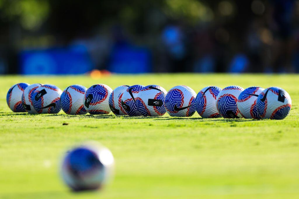 BATHURST, AUSTRALIA - FEBRUARY 09: Nike soccer balls on the field ahead of the A-League Women round 16 match between Western Sydney Wanderers and Newcastle Jets at Carrington Park, on February 09, 2024, in Bathurst, Australia. (Photo by Mark Evans/Getty Images)
