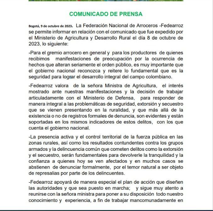 Comunicado de Fedearroz en respuesta a MinAgricultura.