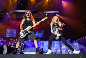 INDIO, CALIFORNIA - OCTOBER 06: (EDITORIAL USE ONLY) (L-R) Steve Harris and Janick Gers of Iron Maiden perform onstage during the Power Trip music festival at Empire Polo Club on October 06, 2023 in Indio, California. (Photo by Kevin Mazur/Getty Images for Power Trip)